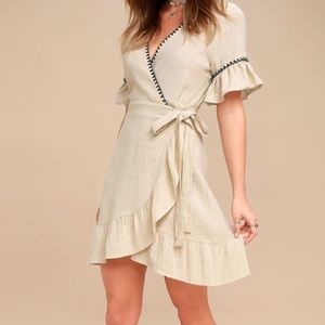 Moon River Cyrus Beige Embroidered Wrap Dress